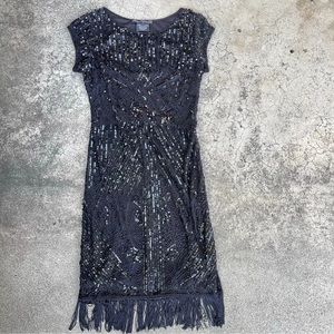 Pisarro Nights Beaded Mesh Cocktail Dress fringe hem new years Preowned size 4